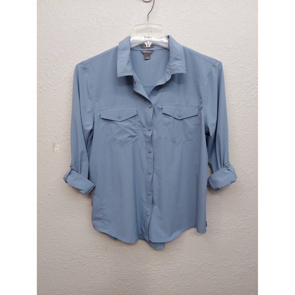 Eddie Bauer Hiking Shirt Womens Large Blue Roll Tab Sleeve Button Up Stretch